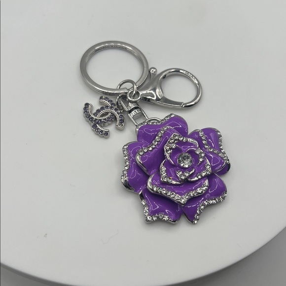 Upcycled Accessories - 766. Purple Rose Bag Charm with Purple & Crystal Charm